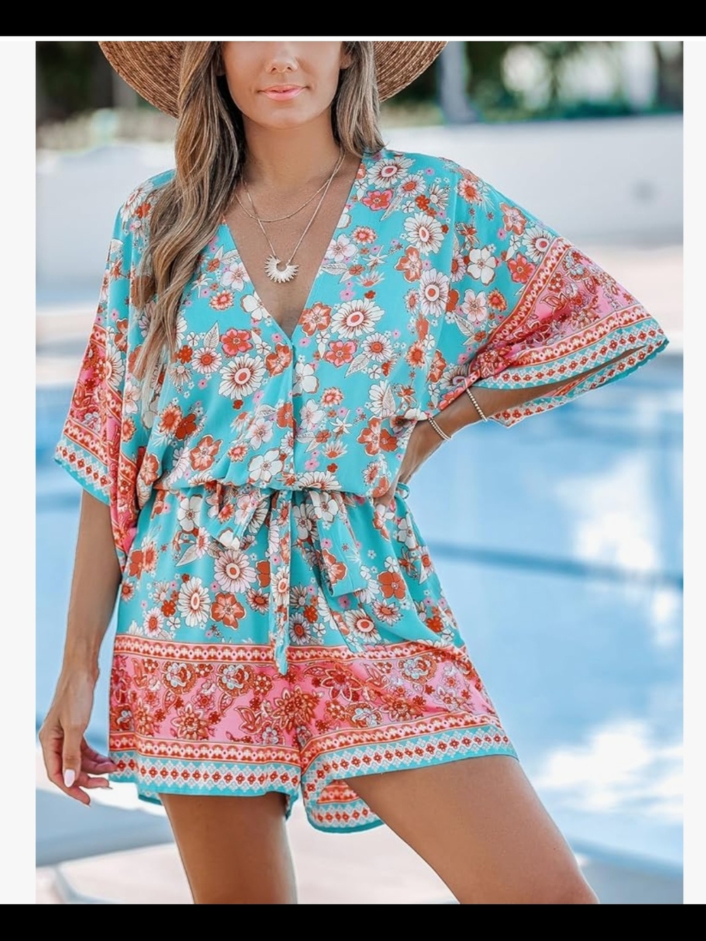 Cupshe Turquoise Floral Border Print Shorts Romper